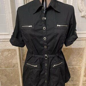 Drama Gold. Size 2X. Black Snap Up Belted 4 pockets Cotton Shirt. B109